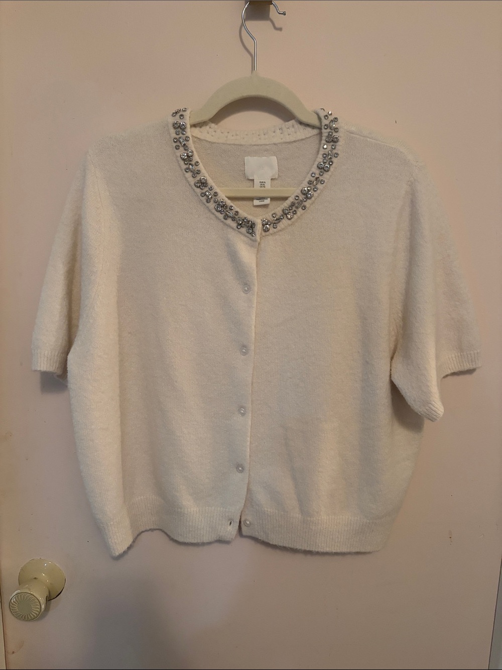 H&M Cream Short-Sleeve Embellished Cardigan